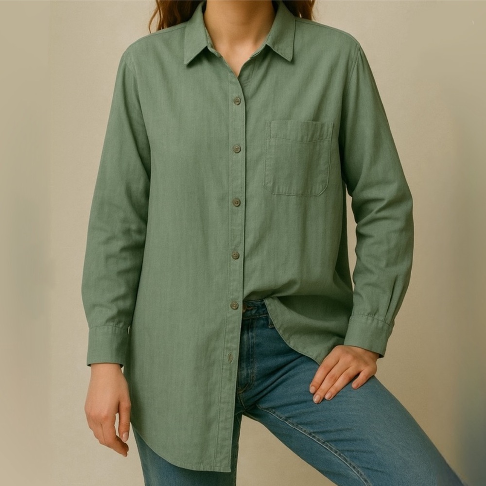 Men’s Unisex Old Navy Olive Green Linen Cotton Button Down Shirt Size Medium